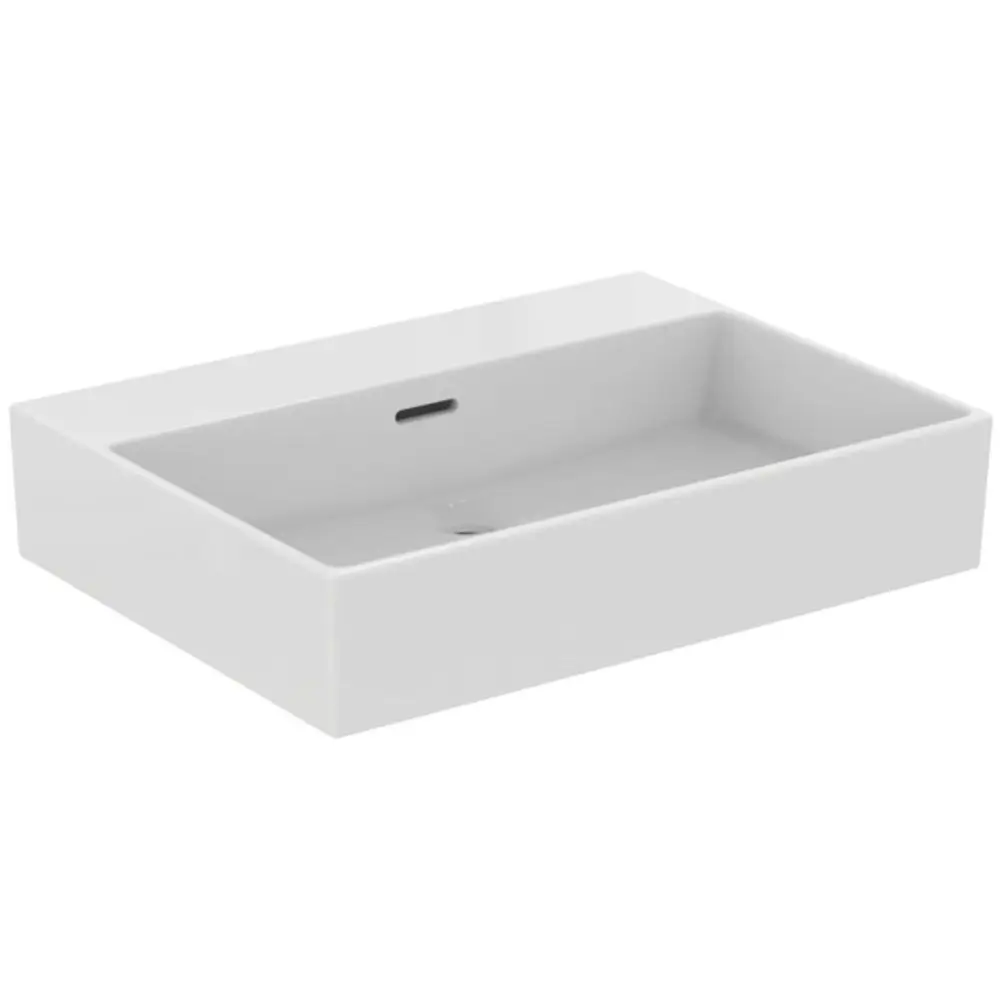 Waschbecken von Ideal Standard in rechteckiger Form, weiß, ohne Hahnloch, mit einer Abflussöffnung in der Mitte.